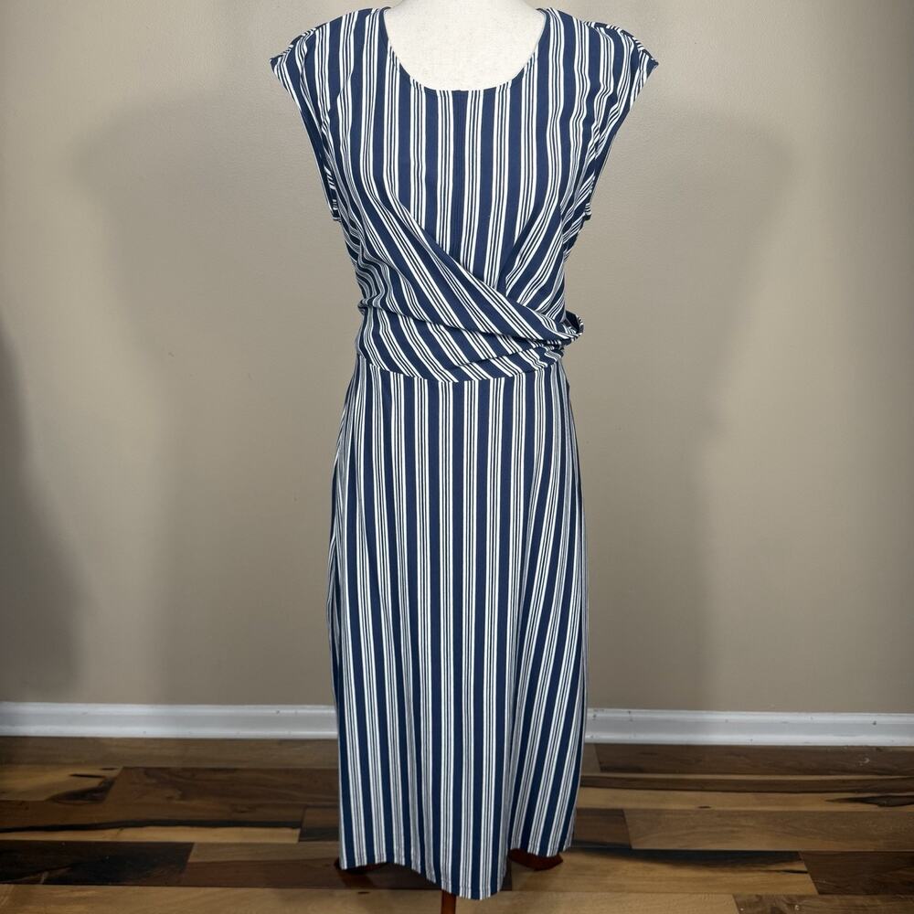 Ralph Lauren Striped Faux Wrap Blue White Striped Maxi Dress Size 14 Tie Waist